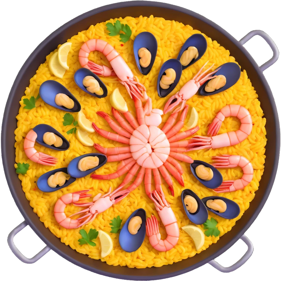 traditional Spanish seafood paella with shrimp, clams, mussels, saffron rice in a paella pan emoji