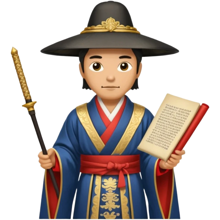 Samurai lord, Elegant noble in long robes with tall hat, holding a scroll of orders. emoji