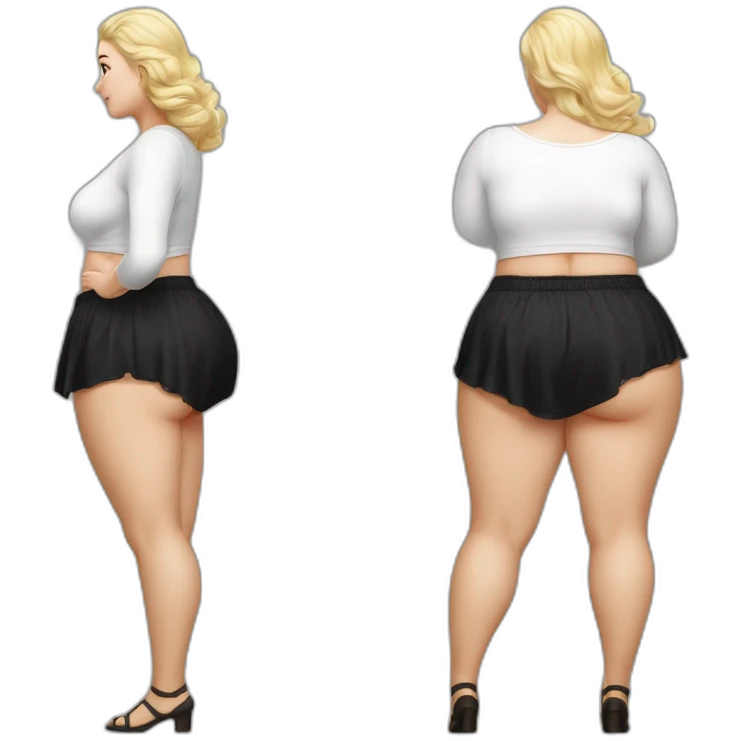 Hyperrealistic Full body Caucasian curvy beauty white knickers back and front views black skirt strong wind emoji