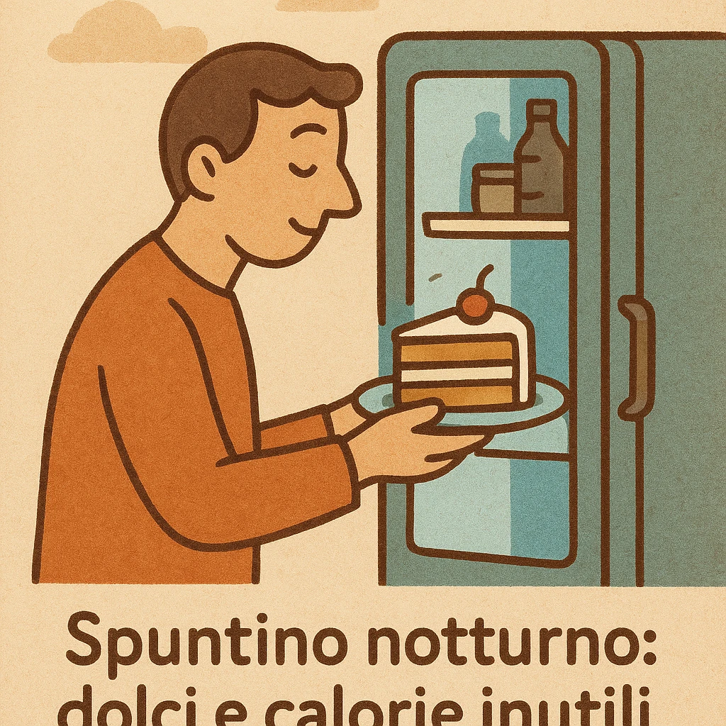 Uomo che apre il frigorifero la notte, prende una fetta di torta avanzata, luce blu del frigo, testo in italiano: “Spuntino notturno: dolci e calorie inutili”. emoji