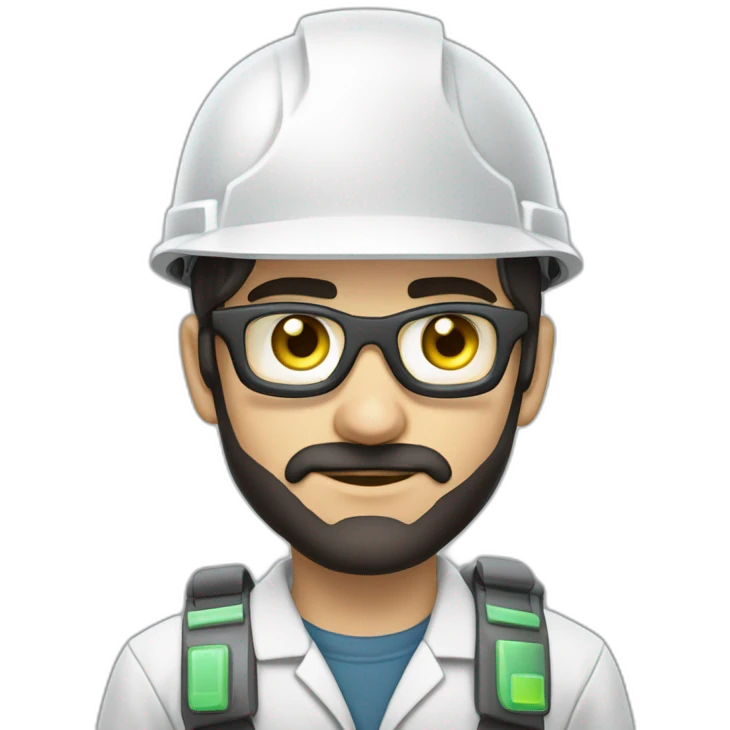 A young Turkish electrical engineer with a light black beard, a white helmet and a phosphorescent protection jacket emoji