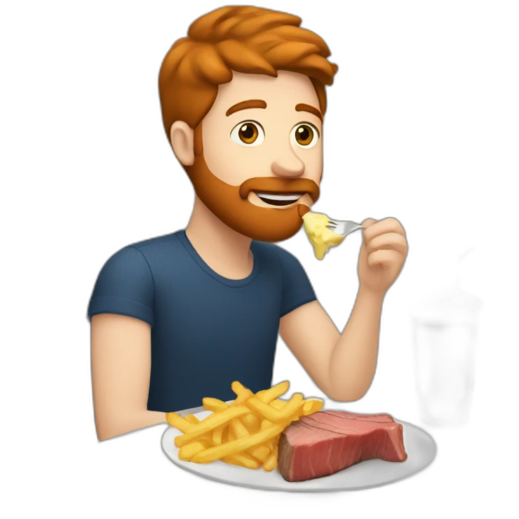 a guy with brown hair and ginger beard eating a large steak with fries and mayonnaise emoji
