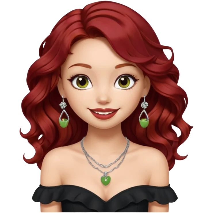 a pretty fair bratz girl with wavy dark red hair, wearing a black off shoulder top . silver dainty layered necklaces, carrying a matcha emoji