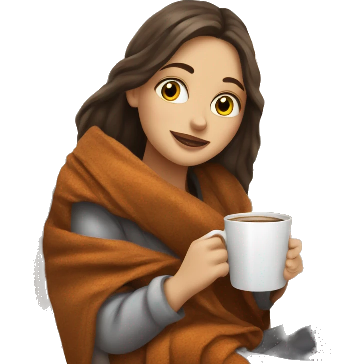 Brunette white girl covered in blanket autumn vibe sitting on a cozy chair holding coffee, window on the background emoji