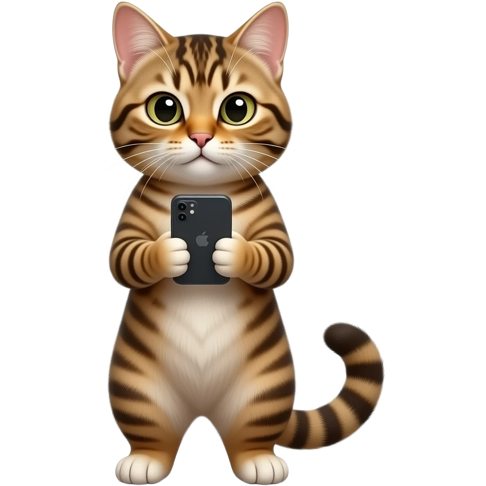 Glossy 3D rendered realistic cat standing upright on two legs, detailed fur and features, front-facing, holding and looking at a smartphone, soft shading, white background emoji