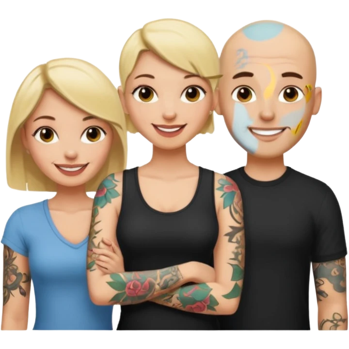 throuple blonde female brunette female with tattoed bald male emoji