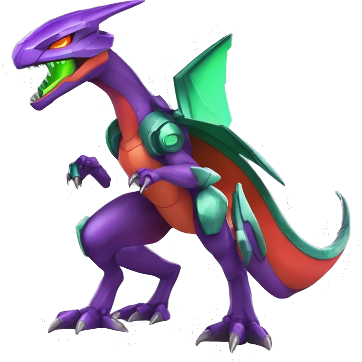 a shiny purple-green-red Genesect-Charizard-Raptor-Fakémon—hybrid with a futuristic visor-helmet full body emoji