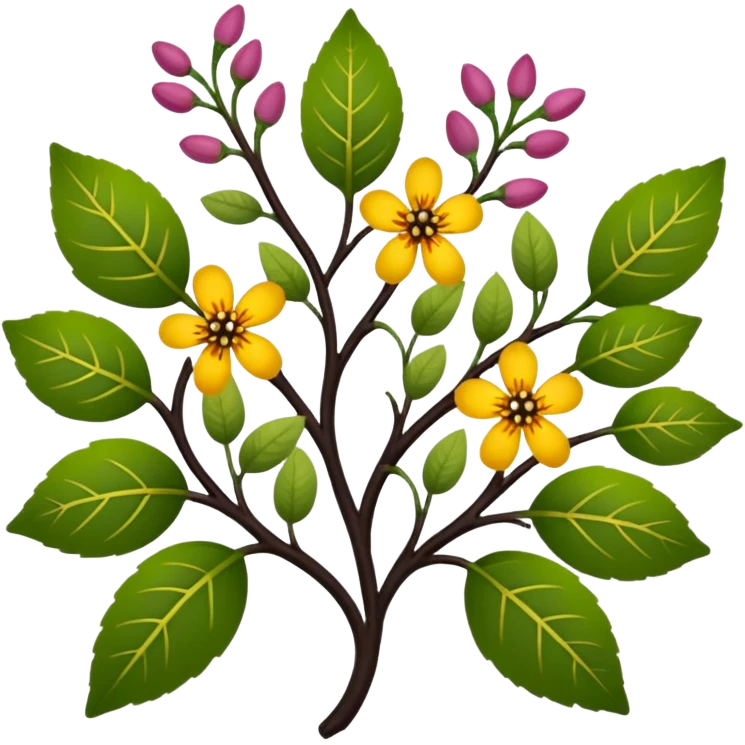 dull green leaves & colorful flowers filigree design & small fruits & ebony branches, extremely detailed, complex design emoji