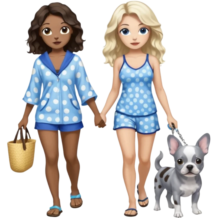 2 pretty women in beach clothes, one hazel eyed light skin with dark brown wavy long hair, walking a blue and gray spotted Merle Frenchie the other blue eyed light skin long blonde hair walking a black chihuahua  emoji