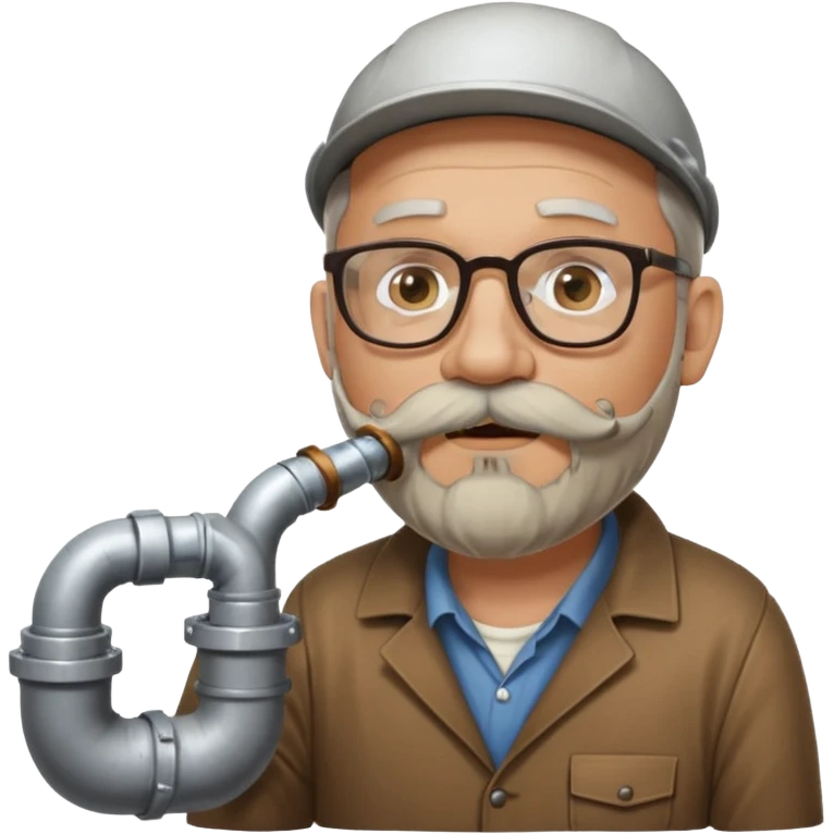 50 year old bearded and moustached white male wearing glasses. In his mouth is a sewer pipe and out the end is flowing brown liquid into a street gutter. emoji