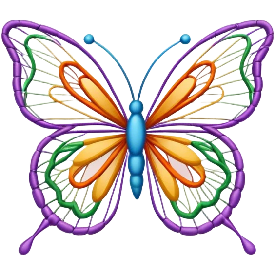 icon for String art, colorful butterfly made with threads, body of the butterfly with visible thread ball structure, wings formed by intricate thread patterns, minimalistic style, clean lines, transparent background. emoji