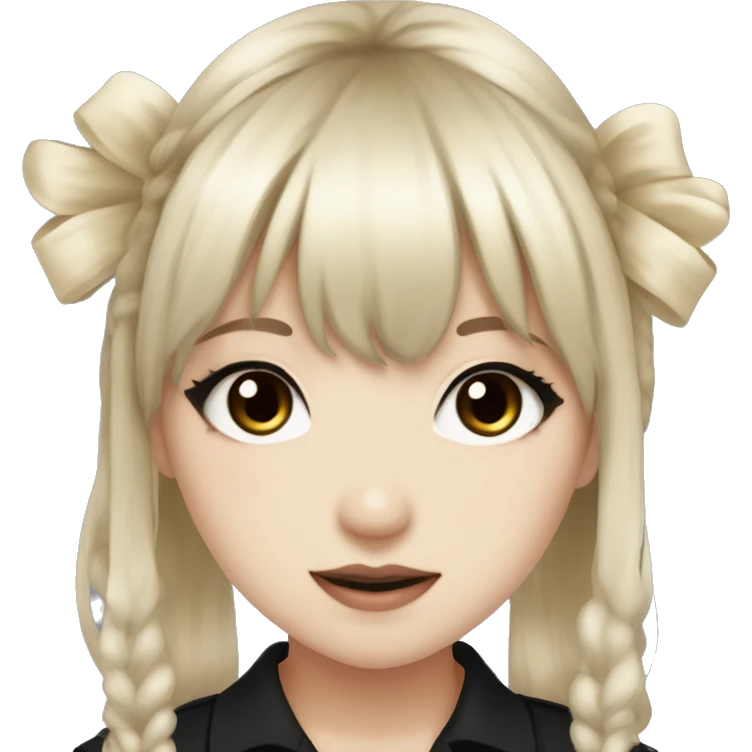 hime gyaru girl, pale skin with brown eyes and black hair with bangs, bows, dark makeup, black shirt emoji