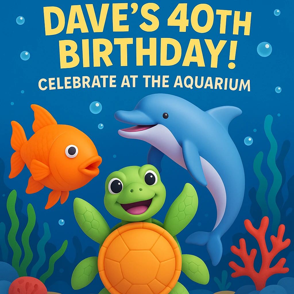 Make a birthday card for Dave's 40th birthday at the aquarium. Arrange the playful dolphin, smiling sea turtle, and colorful fish in a lively underwater scene with bubbles, seaweed, and coral. Add cheerful text: "Dave's 40th Birthday! Celebrate at the Aquarium!" Use a fun, vibrant style. Make it 3d emoji style. emoji