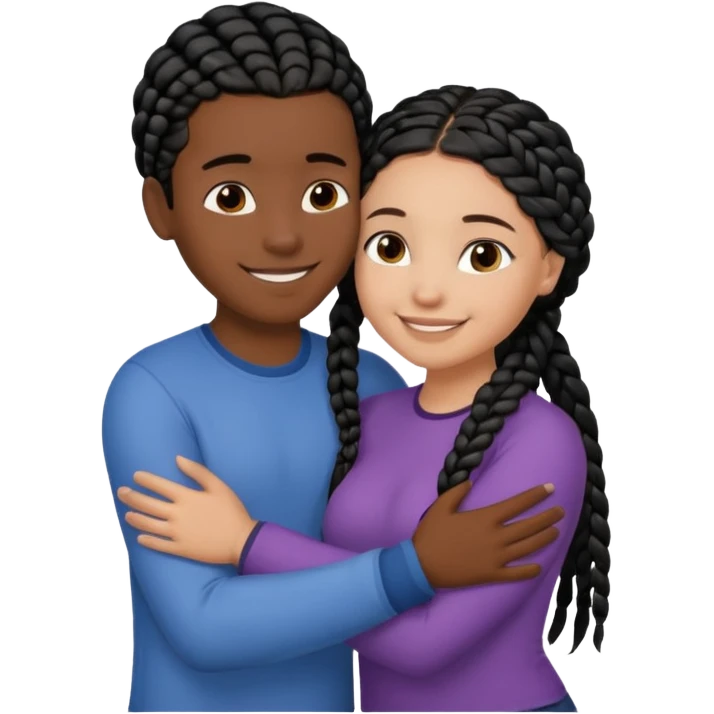 Dark black girl with black braids and dark tan white boy with curvy straight brown hair, they are hugging and smiling, and touching each other with their hands emoji