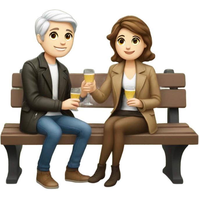 couple of white skin people and brown hair, sitting closely on a park bench, enjoying a romantic moment. One person is holding a croissant, and the other is holding a glass of Prosecco.  emoji