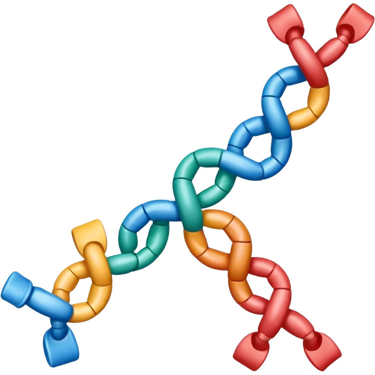 Single RNA strand (mRNA) modeled like a museum display: one strand only, gently twisting half-helix; glossy polymer appearance; ribose–phosphate backbone as a continuous ribbon; bases A U C G as colored plaques facing inward;  emoji