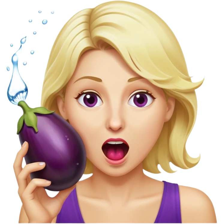 blond woman biting an aubergine, water jet coming out of the eggplant, shocked expression emoji
