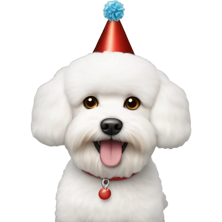 A white fur bichon frise with brown fur at the end of the ear and red nose with a birthday party hat and reddish eyes emoji