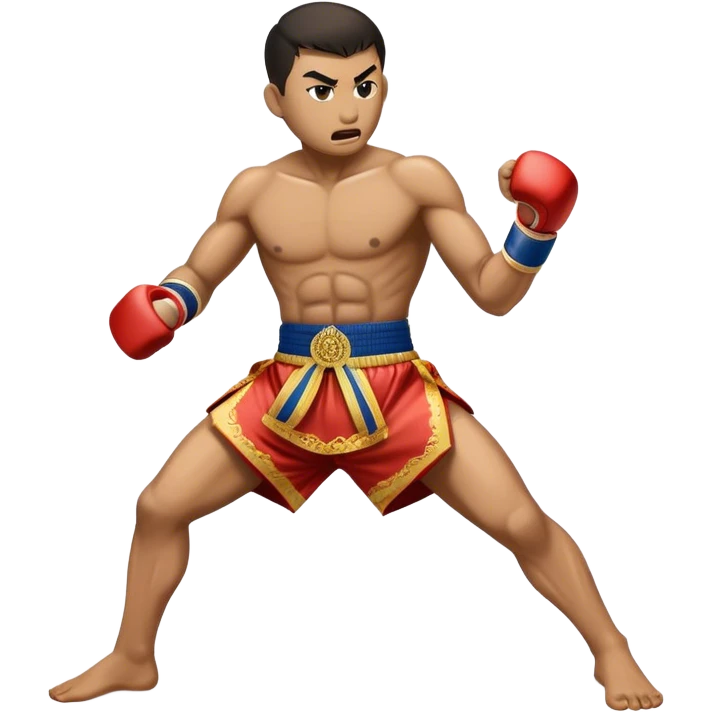 Cinematic Realistic Traditional Muay Thai Emoji, depicted as an intense dynamic martial arts scene featuring a fighter in traditional Muay Thai stance and attire, rendered with rich textures and energetic dramatic lighting that captures the sport's raw power. emoji