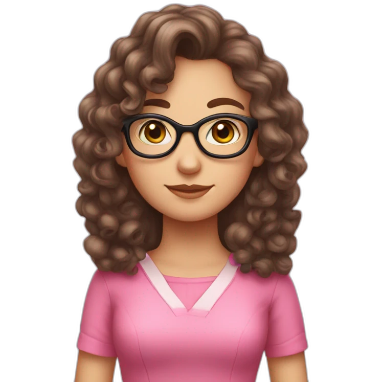 brunette curly long hair nerd girl, wearing a pink dress emoji