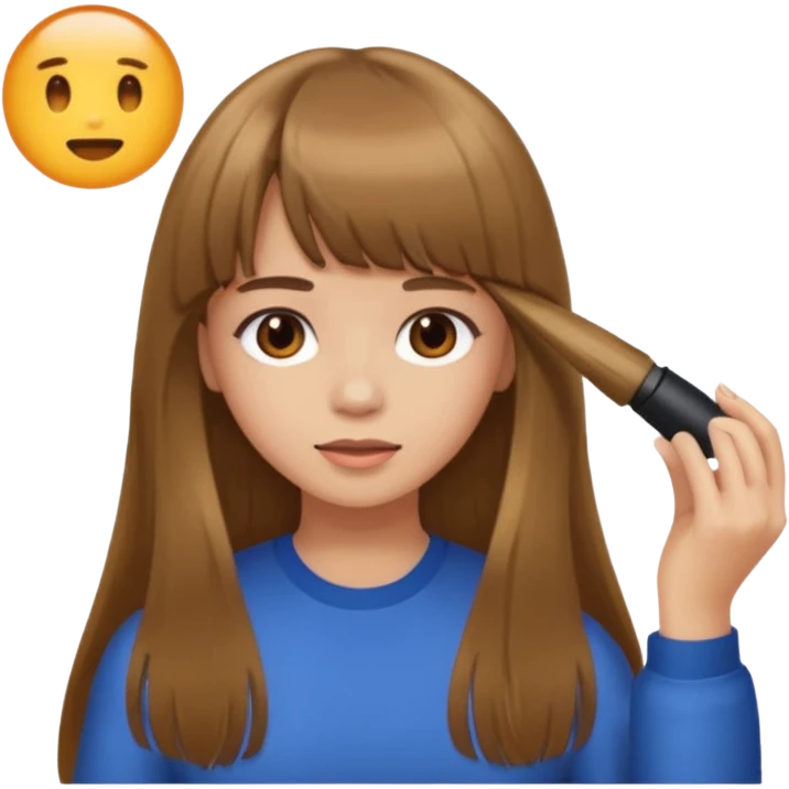 a girl with light skin and brown long hair with bangs who is doing her hair emoji