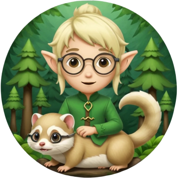 tiny forest elf blode hair with round glasses riding a ferret emoji