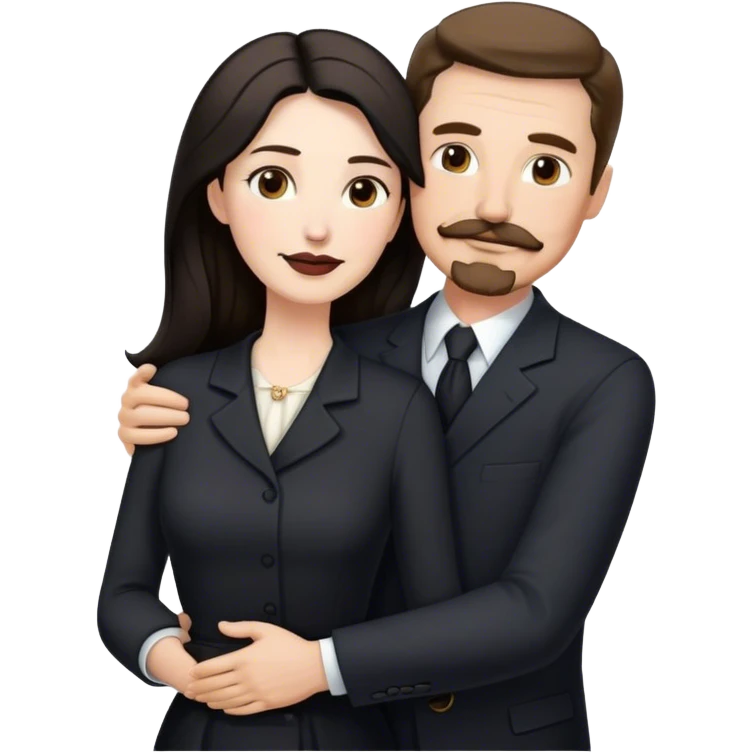 middle aged couple, tall white man with brown hair goatee mustache hugging a pale woman with long black hair, wearing elegant clothing emoji