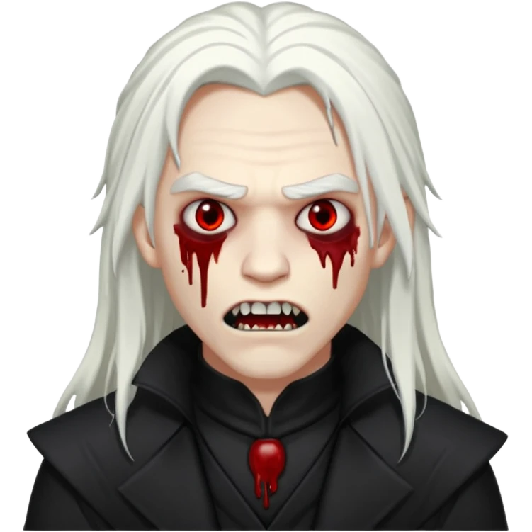 Creat a young man Vampire that have long white hair and white skin and full black eyes and bloody mouth and full black outfit and long fangs and scary dead cold eyes emoji