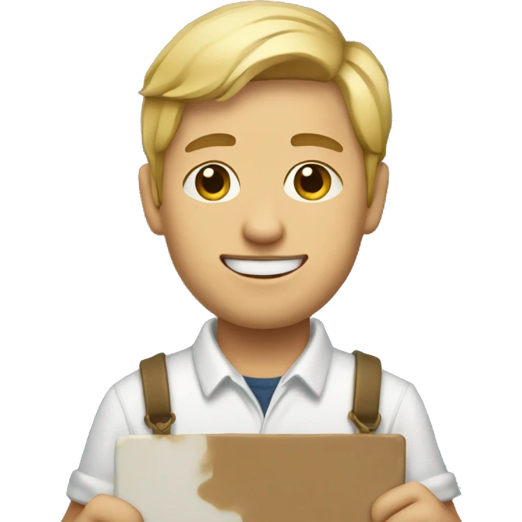 a guy with short blond hair and dressed like a painter holding a painting emoji