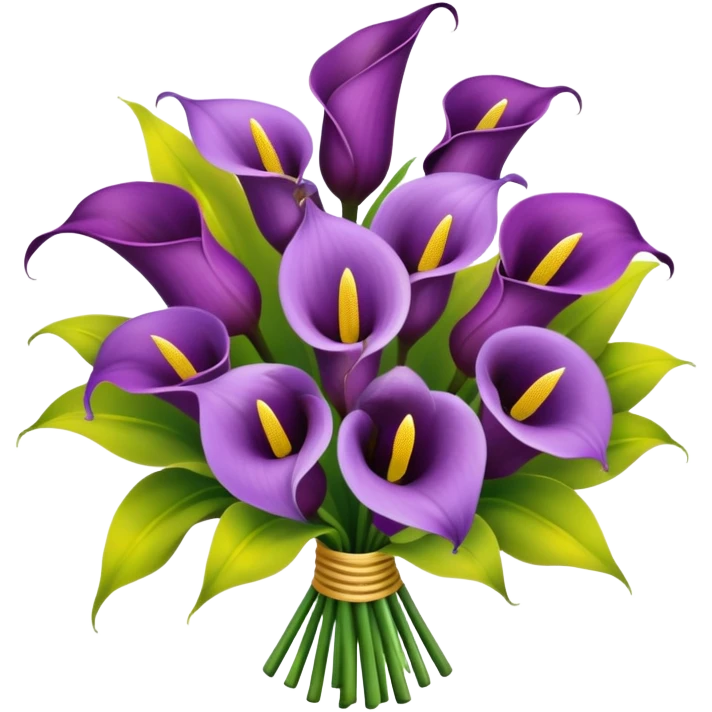 Bouquet of Calla lilies with separate tiny, yellow circular flowers interspersed in between the purple Calla lilies emoji