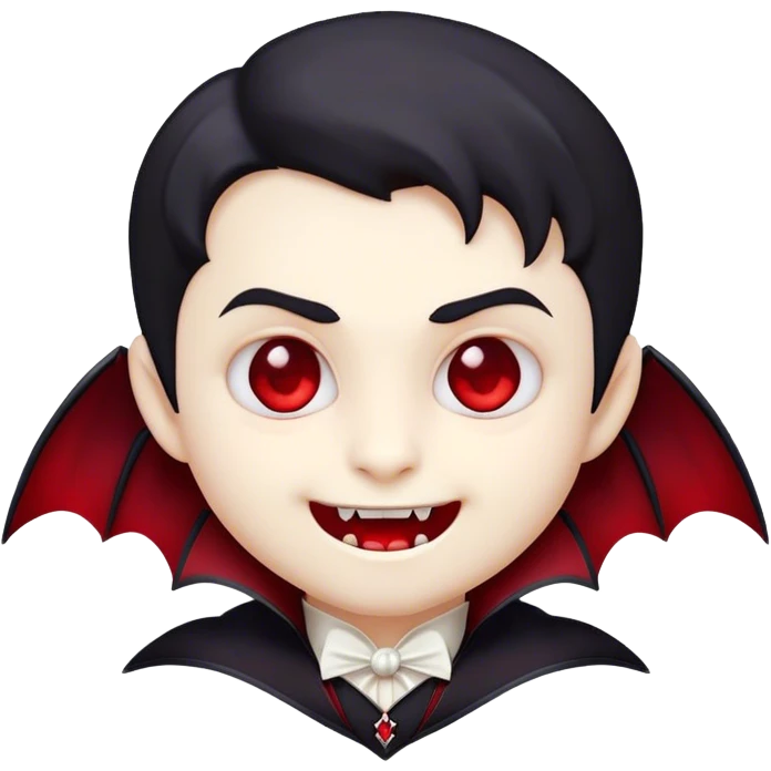 Cinematic Cute Vampire Portrait Emoji, with a refined yet playful small, rounded pale face accented by tiny, cute fangs and bright, twinkling eyes, sporting miniature elegant dark attire with a hint of crimson, simplified yet irresistibly charming, highly detailed with a soft glowing outline that captures the delightful duality of spooky sweetness and stylish allure! emoji