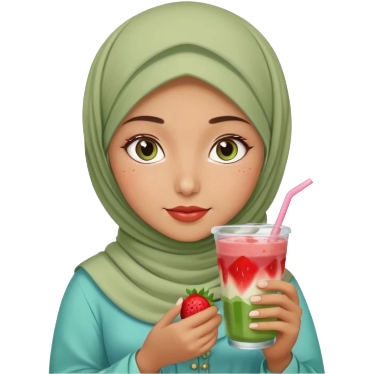 Turkish beautiful finish Konya girl blue eyes with beige and light green hijab islamic dress and had on her hand strawberry Matcha drink emoji