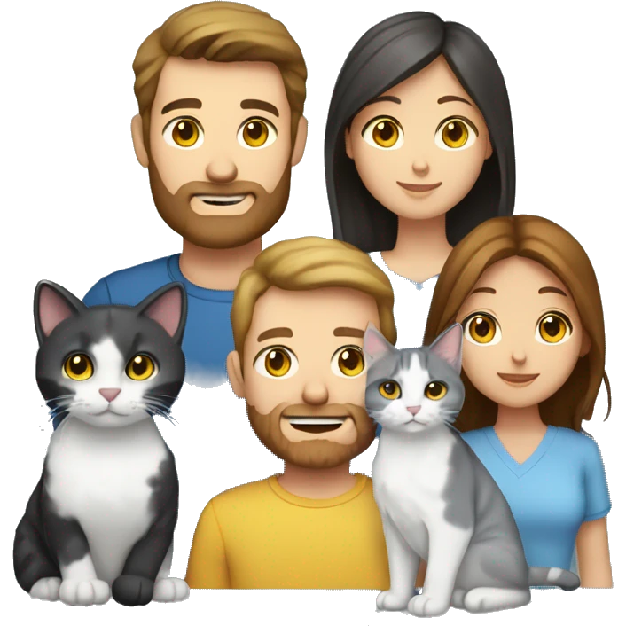 Family emoji: 1 man with brown eyes brown hair and brown beard,1  woman with blue eyes brown hair, 1 black-white cat with yellow eyes , 1 red-gray-white cat and yellow eyes emoji