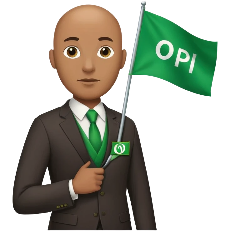 Create a emoji of a man in a suit brown skin with bald holding a green flag that says o phi o in greek letters emoji