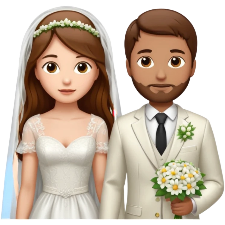 Woman with long brown hair and fair skin wearing a wedding dress and veil. And a man with short brown hair and fair skin wearing a white suit with a flower. emoji