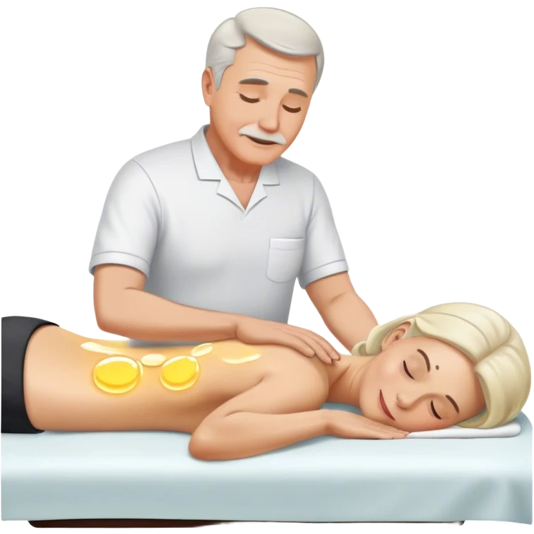 60-year-old white man massaging 60-year-old woman on massage table using oil emoji