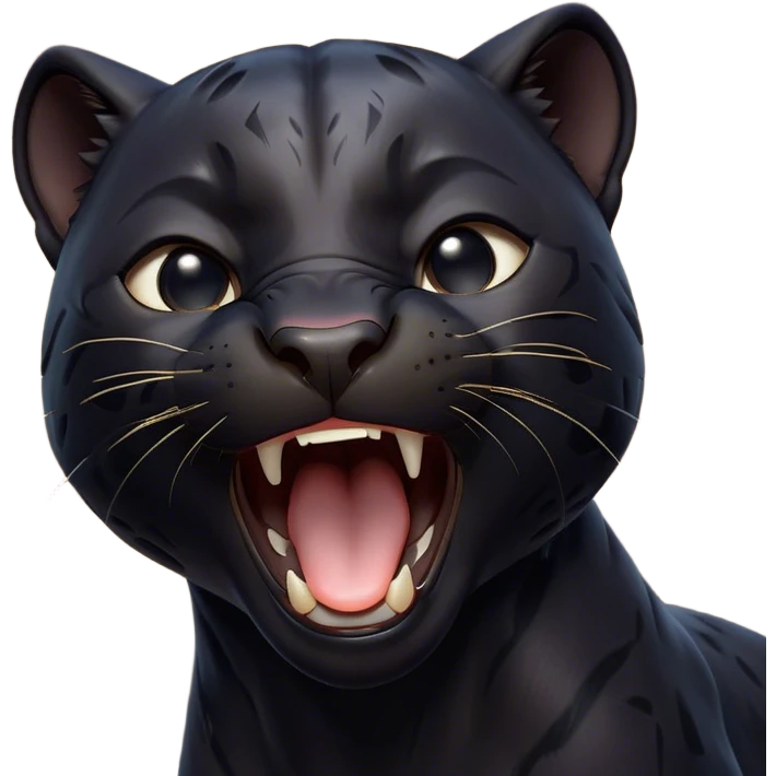Cinematic Cute Yawning black Panther Portrait Emoji, Head tilted slightly with a dramatic, wide-open yawn, showcasing a sleek, shadowy form with drowsy, half-closed eyes and a relaxed, open expression, Simplified yet irresistibly adorable features, highly detailed, glowing with a soft, cozy dark glow, high shine, relaxed yet expressive, stylized with a dash of whimsical elegance, soft glowing outline, capturing the essence of a drowsy yet affectionate jungle guardian that appears ready to stretch out for a nap! emoji