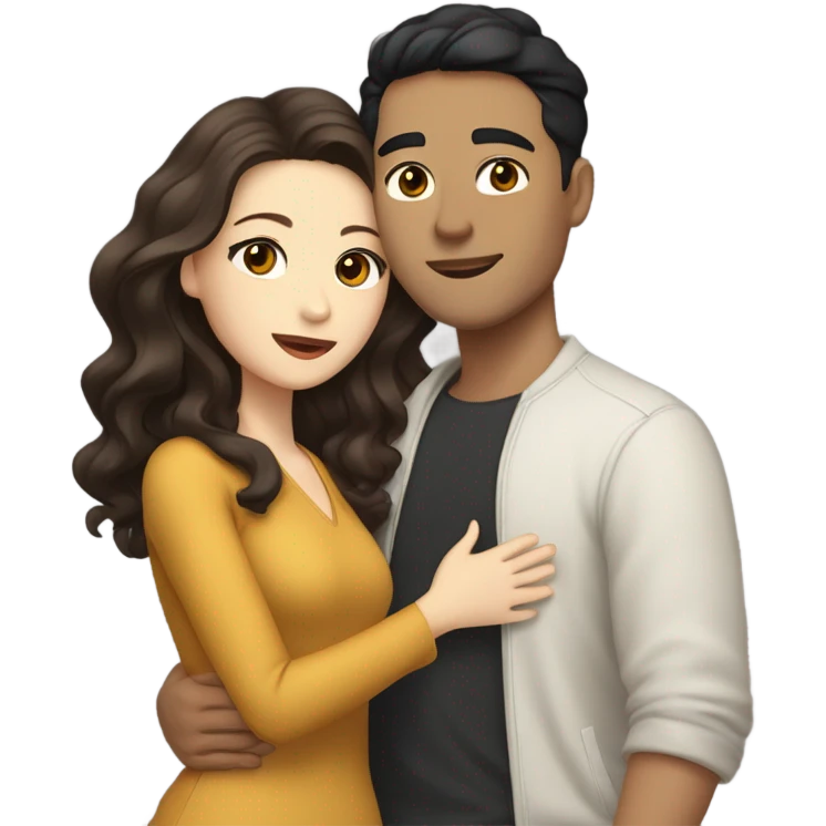 A pale half Asian man with short dark hair and amber eyes embracing and loving a white woman with long wavy brunette hair and dark hazel eyes. They love each other a lot And have good fashion taste and are hugging each other tight  emoji