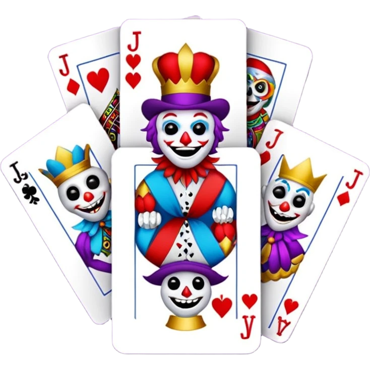 bunch of 3 poker cards, with crazy colorful jolly jokers inside emoji