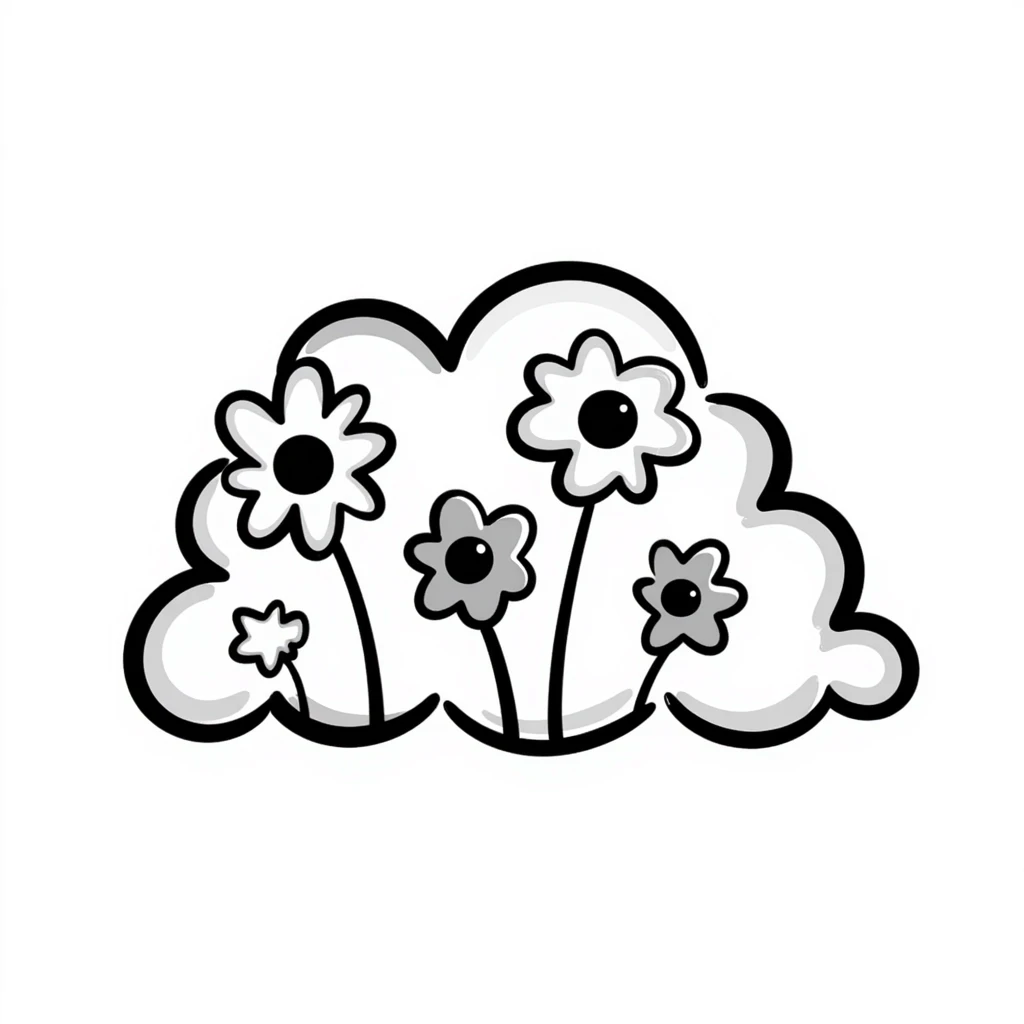 Hand-drawn cloud made of simple flower doodles emoji