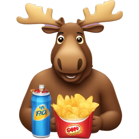 A moose with a bag of chips and a bottle of pop emoji