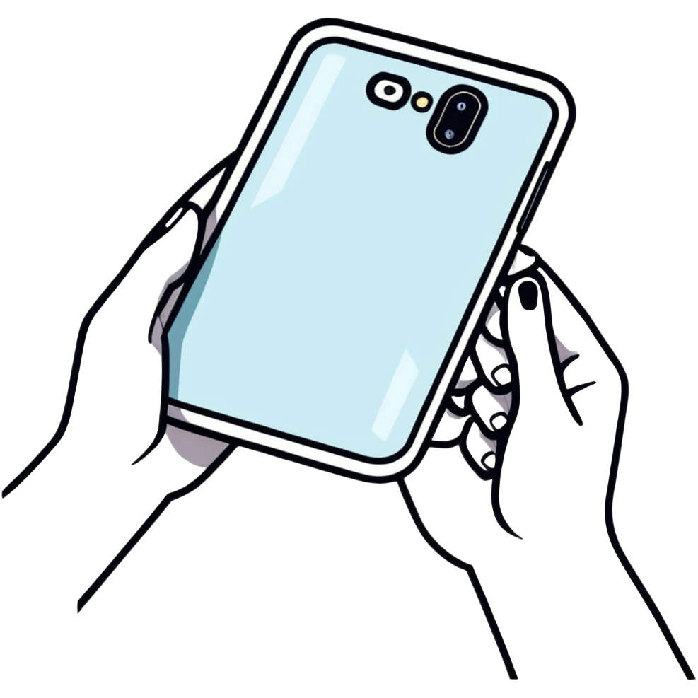 human hands holding a futuristic transparent smartphone emoji
