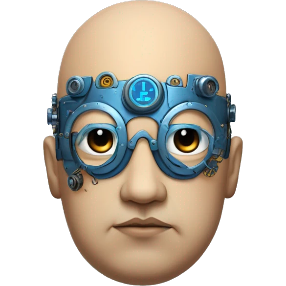 Fat bald cyborg head with tan skin, blue beard, blue steampunk goggles and circuits emoji