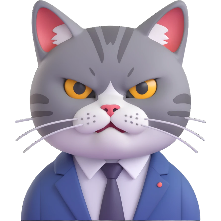 close-up of pissed off cat's face in business clothes, arms not visible, tail not visible, glaring with twitching whiskers, looking completely done with the day, no table or background, just the cat's face emoji