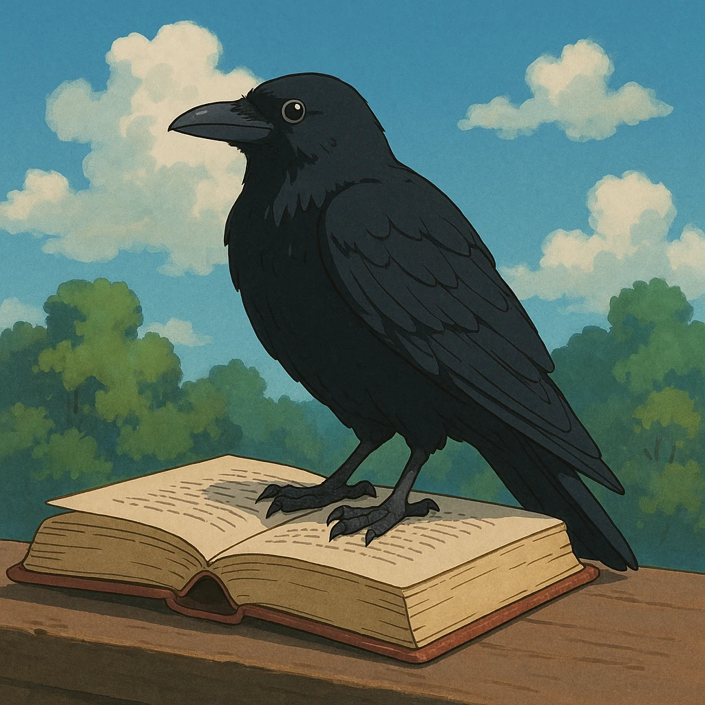 raven on a book in ghibli style emoji