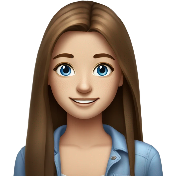 realistic portrait of smiling girl long straight brown hair freckles blue eyes hot emoji
