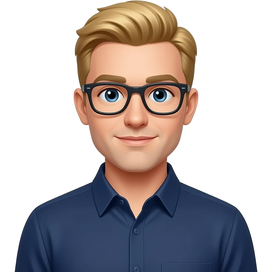 blonde man with glasses, short hair, and navy dress shirt emoji
