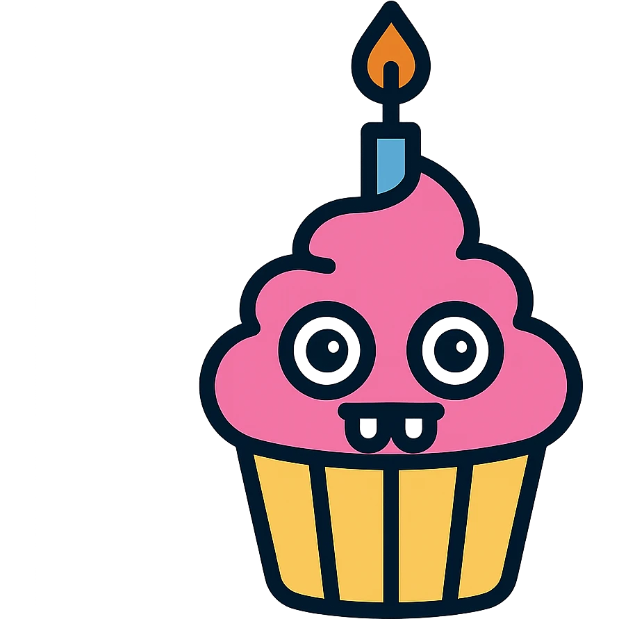 A cupcake with pink frosting, big eyes, two teeth, and a lit candle on top emoji