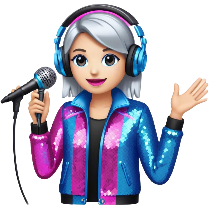 Create a vibrant and modern emoji that represents pop or stage vocal performance, focusing on the equipment and style. The design should feature a high-quality microphone, a stage monitor, and a sound mixing console, symbolizing the professional setup for pop vocals. Add elements like studio headphones, a soundboard with sliders, and an elegant stage costume (e.g., a sequined jacket or flashy stage attire) to reflect the glamour of stage performance. Use energetic colors like neon pink, electric blue, and silver to convey the high-energy nature of pop singing. The background should be transparent. emoji