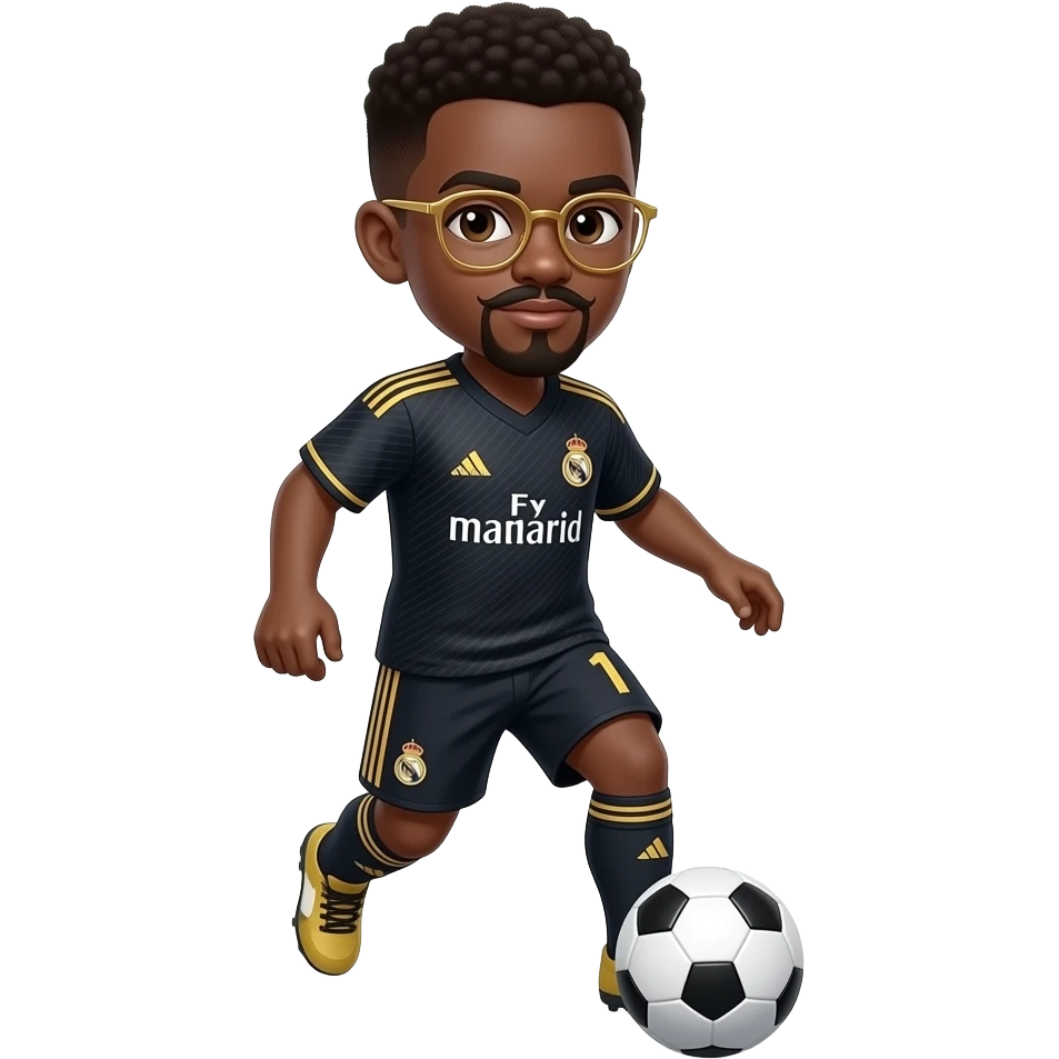 black boy with top black and botom gold glasses playing soccer with a madrid jersey and a little mustache and a goatee emoji